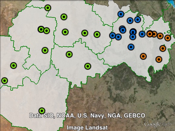 Polling places in Emerald at the 2012 Queensland state election. Central in blue, East in orange, West in green. Click to enlarge.