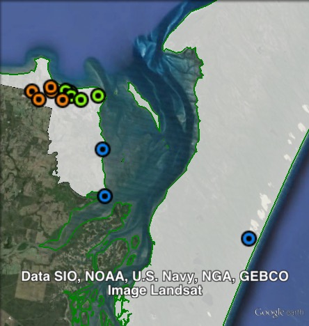 Polling places in Hervey Bay at the 2012 Queensland state election. East in green, South in blue, West in orange. Click to enlarge.