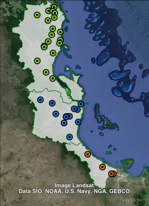 Polling places in Hinchinbrook at the 2012 Queensland state election. Central in blue, North in green, South in orange. Click to enlarge.