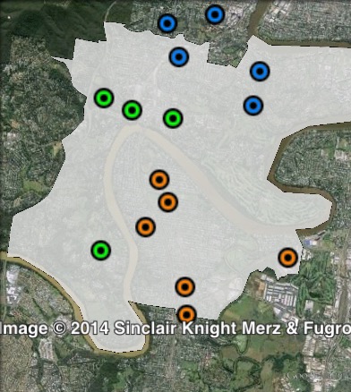 Polling places in Indooroopilly at the 2012 Queensland state election. Graceville in orange, Indooroopilly in green, Toowong in blue. Click to enlarge.