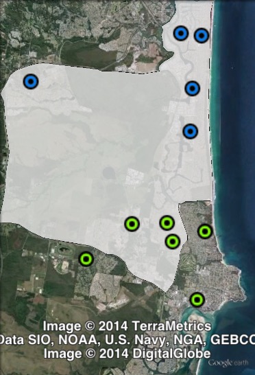 Polling places in Kawana at the 2012 Queensland state election. North in blue, South in green. Click to enlarge.