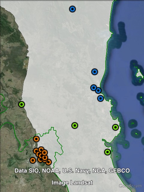 Polling places in Keppel at the 2012 Queensland state election. Central in green, North in blue, Rockhampton in orange. Click to enlarge.
