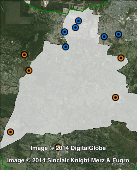 Polling places in Logan at the 2012 Queensland state election. North in blue, South in orange. Click to enlarge.