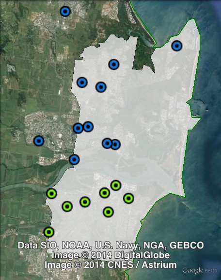 Polling places in Mackay at the 2012 Queensland state election. North in blue, South in green. Click to enlarge.