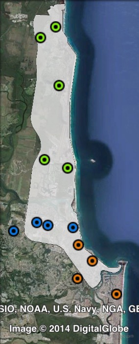 Polling places in Maroochydore at the 2012 Queensland state election. Coolum in green, Maroochydore in blue, Mooloolaba in orange. Click to enlarge.