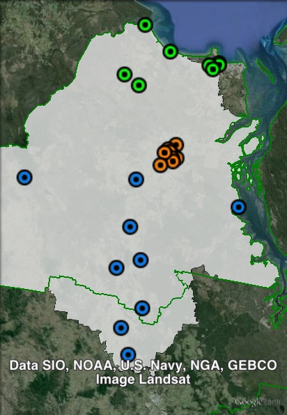 Polling places in Maryborough at the 2012 Queensland state election. Maryborough in orange, North in green, South in blue. Click to enlarge.