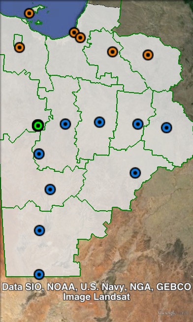 Polling places in Mount Isa at the 2012 Queensland state election. Mount Isa in green, North in orange, South in blue. Click to enlarge.
