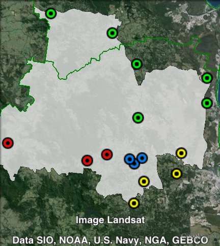 Polling places in Nicklin at the 2012 Queensland state election. East in yellow, Nambour in blue, North in green, West in red. Click to enlarge.
