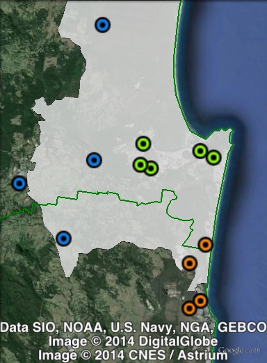 Polling places in Noosa at the 2012 Queensland state election. Noosaville in green, Peregian in orange, West in blue. Click to enlarge.
