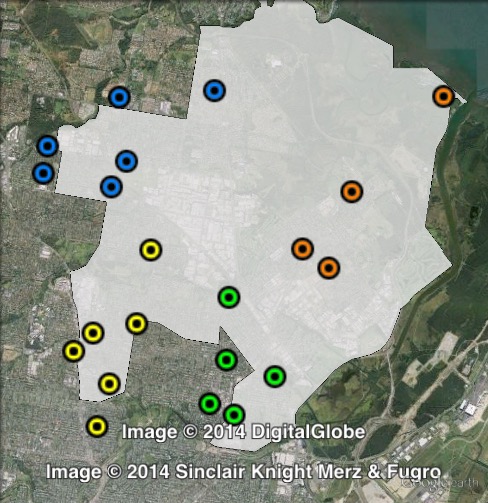 Polling places in Nudgee at the 2012 Queensland state election. Nudgee in orange, Nundah in green, Wavell in yellow, Zillmere in blue. Click to enlarge.