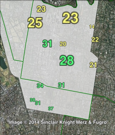 Greens primary votes in Prahran at the 2014 Victorian state election.