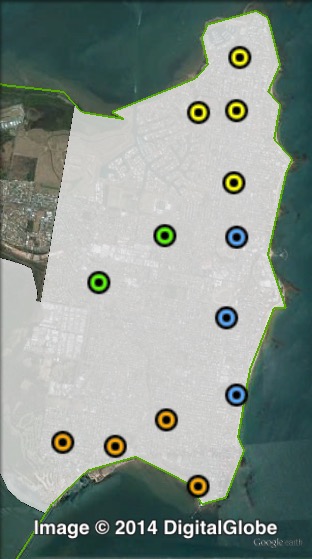 Polling places at the 2014 Redcliffe by-election. Kippa-Ring in green, Redcliffe in blue, Scarborough in yellow, South in orange. Click to enlarge.