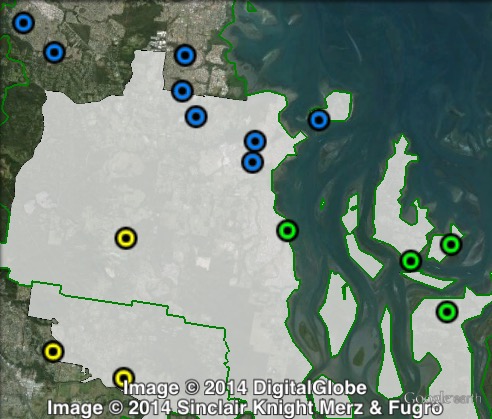 Polling places in Redlands at the 2012 Queensland state election. East in green, North in blue, West in yellow. Click to enlarge.