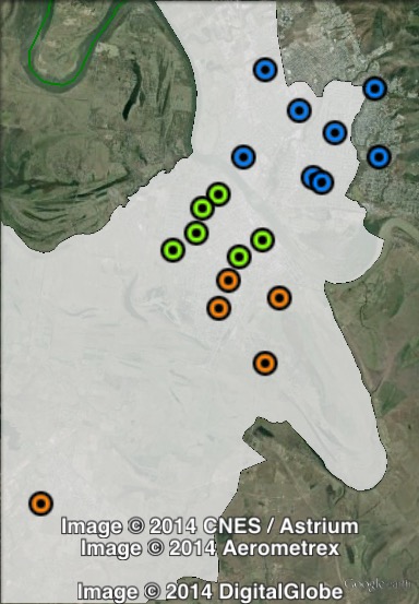 Polling places in Rockhampton at the 2012 Queensland state election. Central in green, North in blue, South in orange. Click to enlarge.