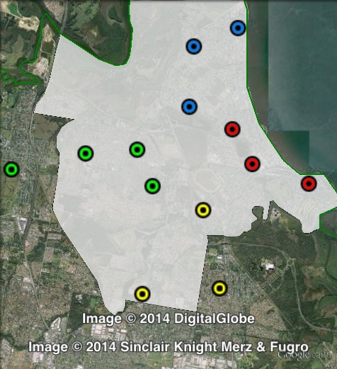 Polling places in Sandgate at the 2012 Queensland state election. Bracken Ridge in green, Brighton in blue, Sandgate in red, South in yellow. Click to enlarge.