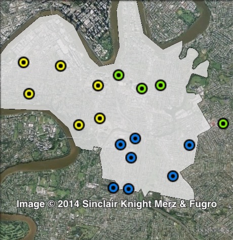 Polling places in South Brisbane at the 2012 Queensland state election. East Brisbane in green, West End in yellow, Woollangabba in blue. Click to enlarge.