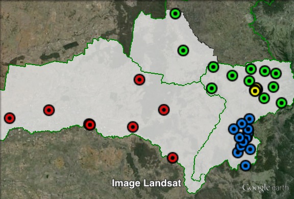 Polling places in Southern Downs at the 2012 Queensland state election. North in green, South in blue, Warwick in yellow, West in red. Click to enlarge.