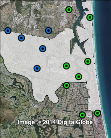 Polling places in Surfers Paradise at the 2012 Queensland state election. East in green, West in blue. Click to enlarge.