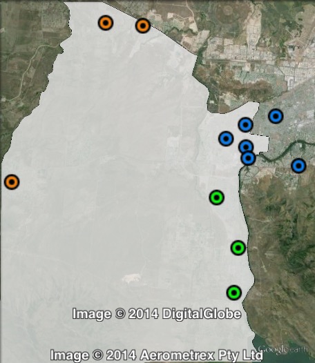 Polling places in Thuringowa at the 2012 Queensland state election. Central in blue, South in green, West in orange. Click to enlarge.
