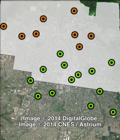 Polling places in Toowoomba North at the 2012 Queensland state election. North in orange, South in green. Click to enlarge.