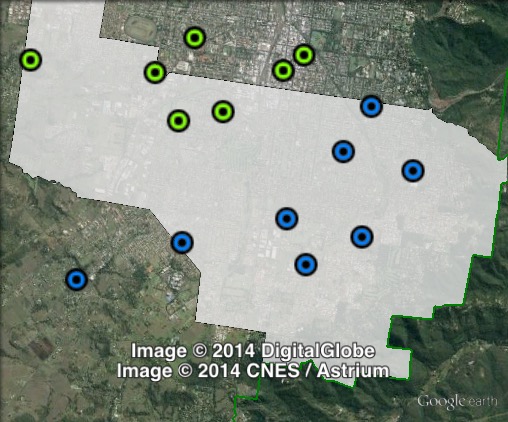 Polling places in Toowoomba South at the 2012 Queensland state election. North in green, South in blue. Click to enlarge.