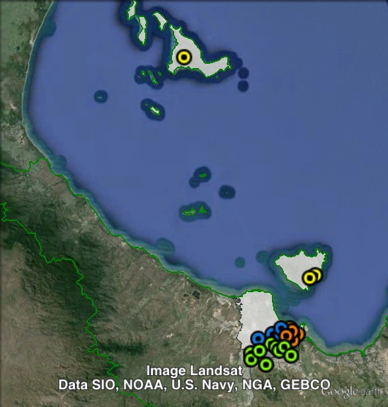 Polling places in Townsville at the 2012 Queensland state election. Central in orange, Islands in yellow, South in green, West in blue. Click to enlarge.