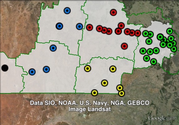 Polling places in Warrego at the 2012 Queensland state election. Balonne in yellow, Dalby in green, Roma in red, West in blue. Click to enlarge.