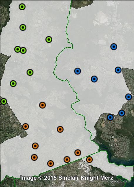 Polling places in Davidson at the 2011 NSW state election. East in blue, South in orange, West in green. Click to enlarge.