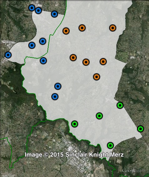 Polling places in Ku-ring-gai at the 2011 NSW state election. North-east in orange, North-west in blue, South in green. Click to enlarge.