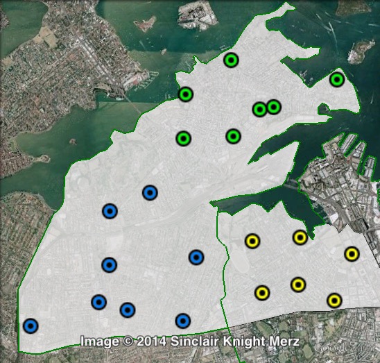 Polling places in Balmain at the 2011 NSW state election. Balmain in green, Glebe in yellow, Leichhardt in blue. Click to enlarge.
