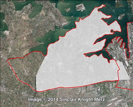 Map of Balmain's 2011 and 2015 boundaries. 2011 boundaries marked as red lines, 2015 boundaries marked as white area. Click to enlarge.