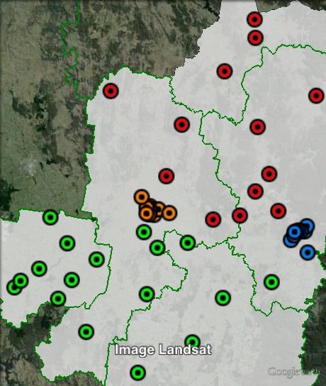 Polling places in Bathurst at the 2011 NSW state election. Bathurst in orange, Lithgow in blue, North in red, South in green. Click to enlarge.