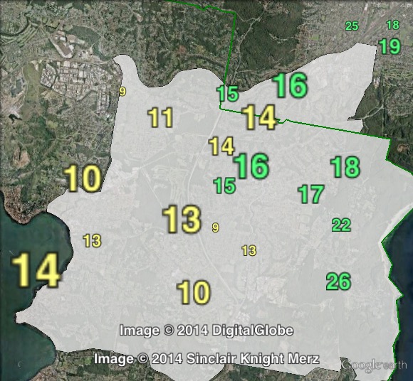 Greens primary votes at the 2014 Charlestown by-election.