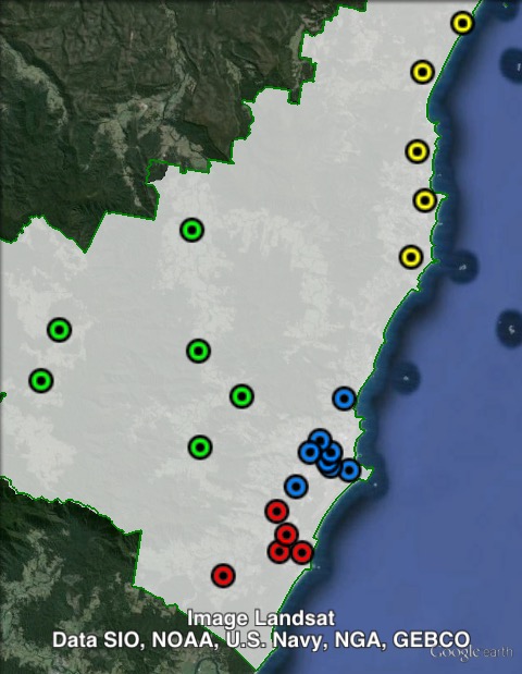 Polling places in Coffs Harbour at the 2011 NSW state election. Coffs Harbour in blue, North in yellow, South in red, West in green. Click to enlarge.