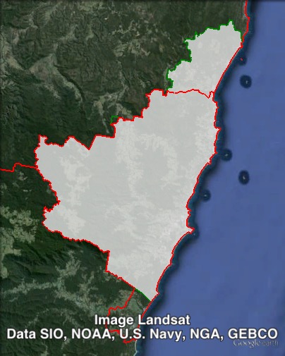 Map of Coffs Harbour's 2011 and 2015 boundaries. 2011 boundaries marked as red lines, 2015 boundaries marked as white area. Click to enlarge.