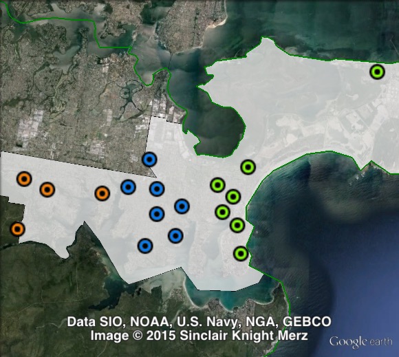 Polling places in Cronulla at the 2011 NSW state election. Central in blue, East in green, West in orange. Click to enlarge.