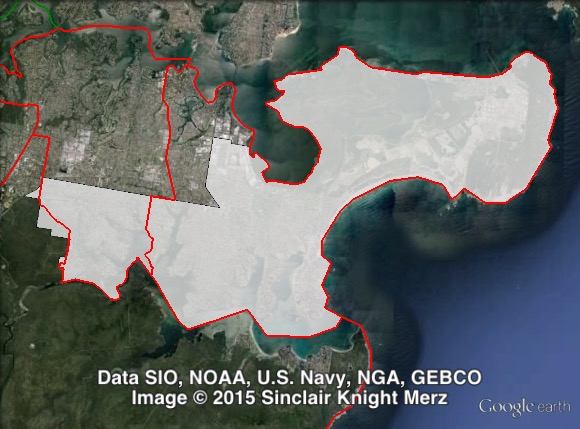 Map of Cronulla's 2011 and 2015 boundaries. 2011 boundaries marked as red lines, 2015 boundaries marked as white area. Click to enlarge.