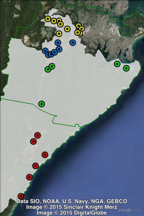 Polling places in Heathcote at the 2011 NSW state election. Engadine in blue, Heathcote-Bundeena in green, Helensburgh in red, Menai in yellow. Click to enlarge.