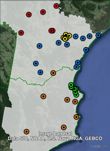 Polling places in Myall Lakes at the 2011 NSW state election. Central in blue, Forster-Tuncurry in green, North in red, South in orange, Taree in yellow. Click to enlarge.