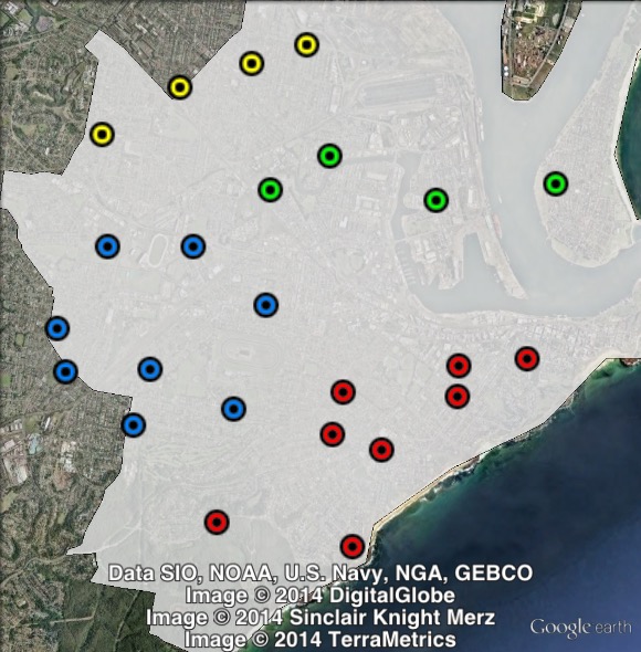 Polling places at the 2014 Newcastle by-election. North-East in green, North-West in yellow, South-East in red, South-West in blue. Click to enlarge.