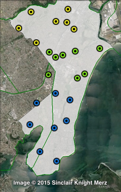 Polling places in Rockdale at the 2011 NSW state election. Central in green, North in yellow, South in blue. Click to enlarge.