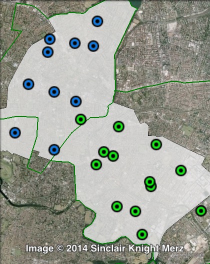 Polling places in Summer Hill at the 2011 NSW state election, showing which party polled higher at each booth: Liberal (in blue) or Greens (in green). Labor came first at most booths.