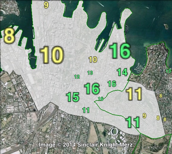 Greens primary votes in Sydney at the 2011 NSW state election.