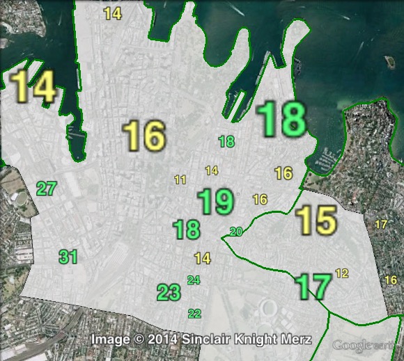 Greens primary votes in Sydney at the 2011 NSW state election.