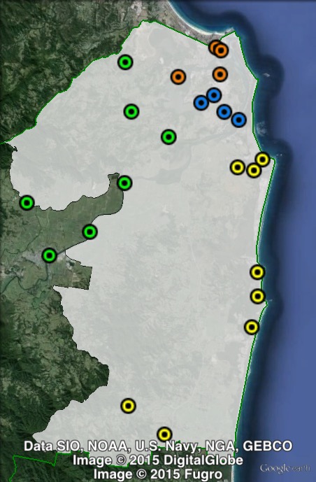Polling places in Tweed at the 2011 NSW state election. Banora Point in blue, South in yellow, Tweed Heads in orange, West in green. Click to enlarge.