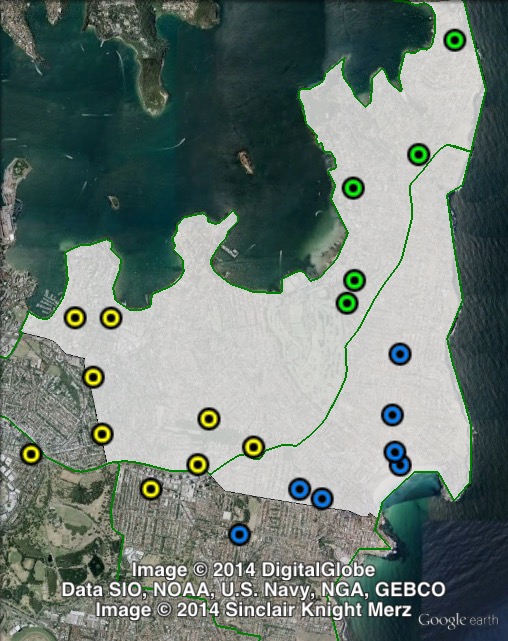 Polling places in Vaucluse at the 2011 NSW state election. Bondi in blue, Vaucluse in green, Woollahra in yellow. Click to enlarge.