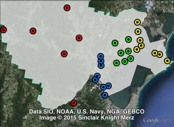 Polling places in Wyong at the 2011 NSW state election. Central in green, East in yellow, South in blue, West in red. Click to enlarge.