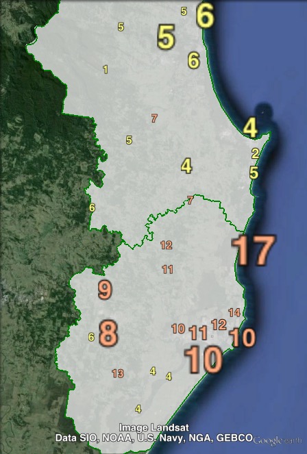 Primary votes for independent candidate Jeff Johnson in Ballina at the 2015 NSW state election.