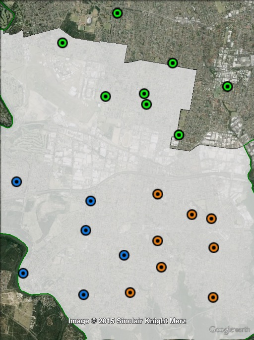 Polling places in East Hills at the 2015 NSW state election. North in green, South-East in orange, South-West in blue. Click to enlarge.