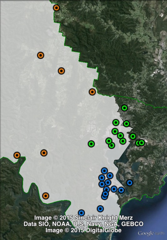 Polling places in Gosford at the 2015 NSW state election. North-East in green, South-East in blue, West in orange.